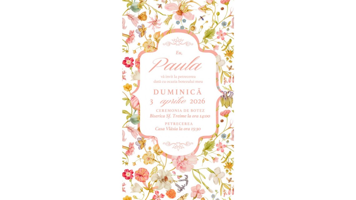 Invitație digitală botez fetiță cu Flori roz și somon pastelate 1